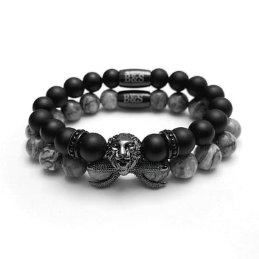 Man Bracelets - Men’s Beaded Bracelets - Black Lion with Black & Grey Stones Set - Men’s Bracelet Bracelet XS (14-15cm) Brother & Sisters
